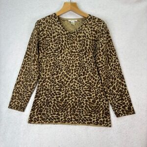 Jillian Jones Brown Leopard V-Neck Lambswool Angora Sweater Womens L Mob Wife